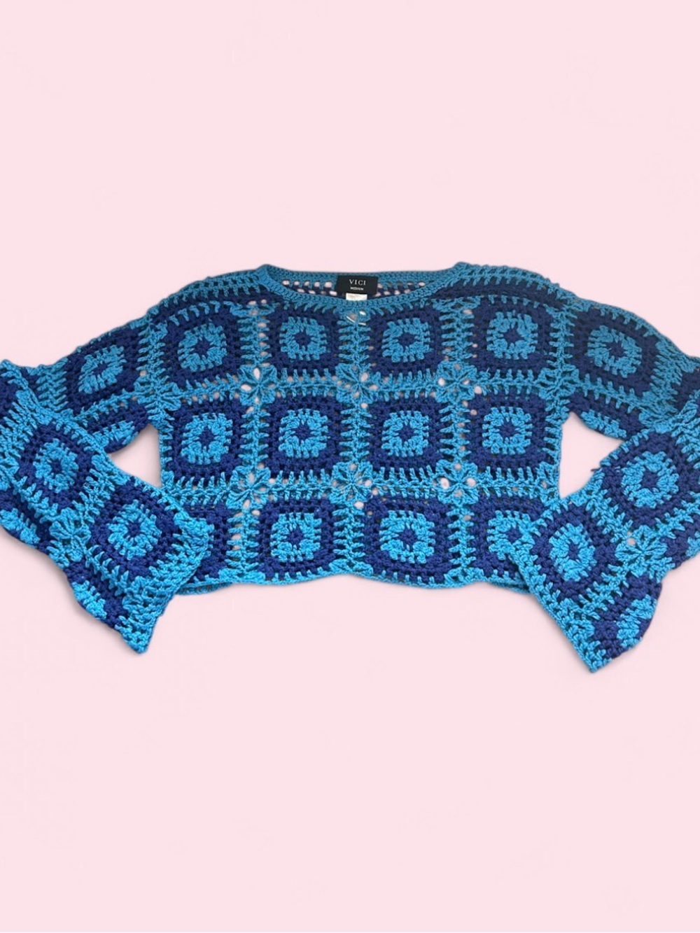 VICI Blue Two-Tone Crochet Square Sweater with bell sleeves - Medium